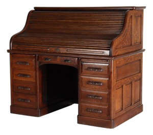 Antique Derby Oak Raised Panel S-Roll Top Desk With Carved Pulls C1920