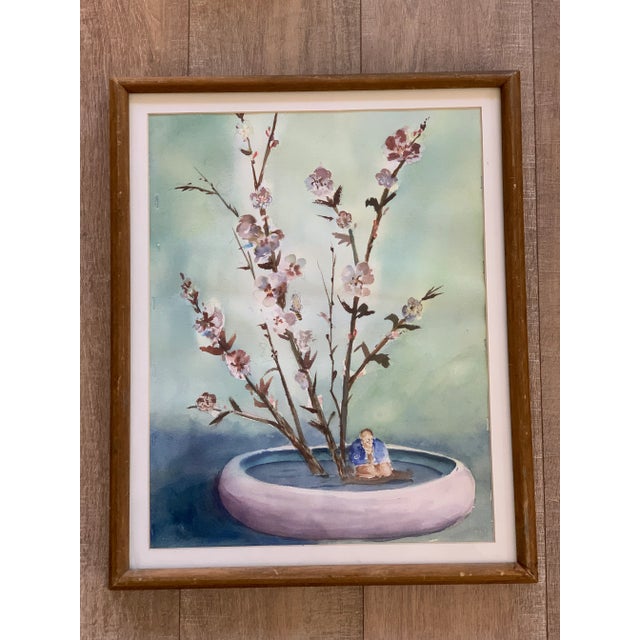 Vintage Asian Chinoiserie Cherry Blossom Watercolor Painting For Sale In Sacramento - Image 6 of 11