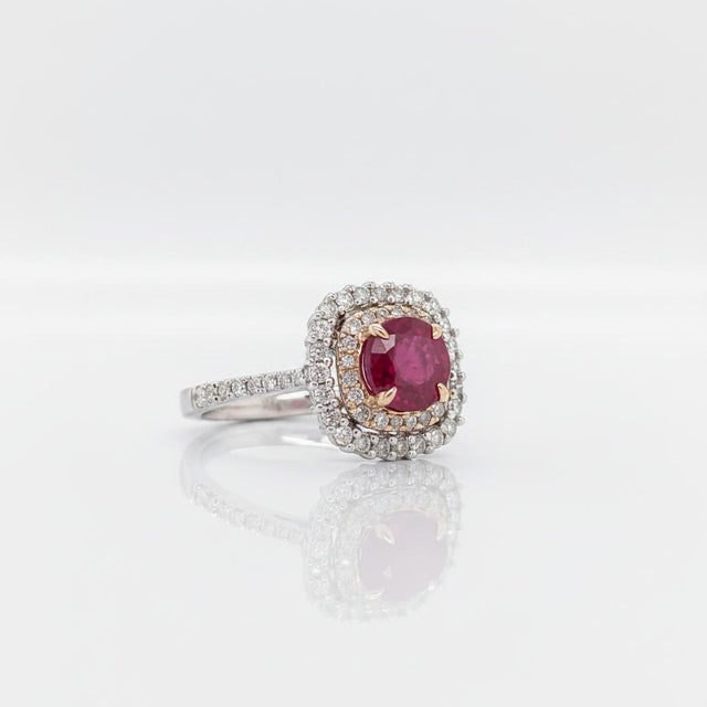 Statement Ruby Ring With a Double Halo of Diamonds: Solid 14k Gold, 6mm, Size 6.75 For Sale In Columbus - Image 6 of 9