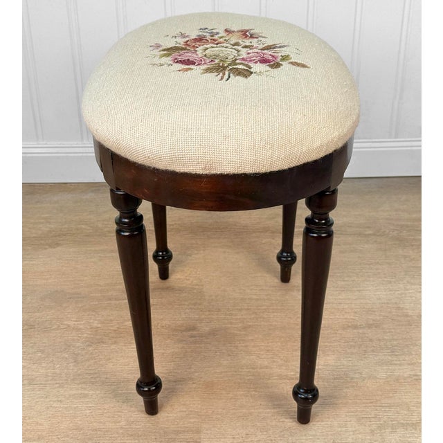Antique Traditional Mahogany Floral Needlepoint Oval Vanity Seat Stool For Sale - Image 4 of 10