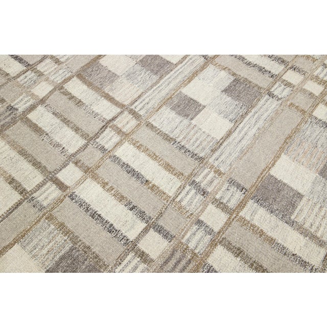 Textile Modern Beige Swedish Style Wool Rug Handmade With Geometric Pattern For Sale - Image 7 of 8