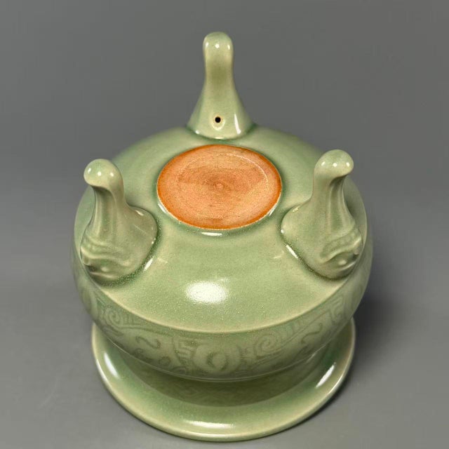 Vintage Chinese Longquan Celadon Porcelain Incense Burner | One of a Kind, Carved‑Pattern Double Handles For Sale - Image 6 of 7