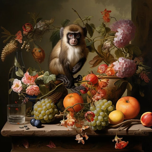 A richly detailed and visually captivating fine art print reproduced from an original 16th-century still-life composition,...
