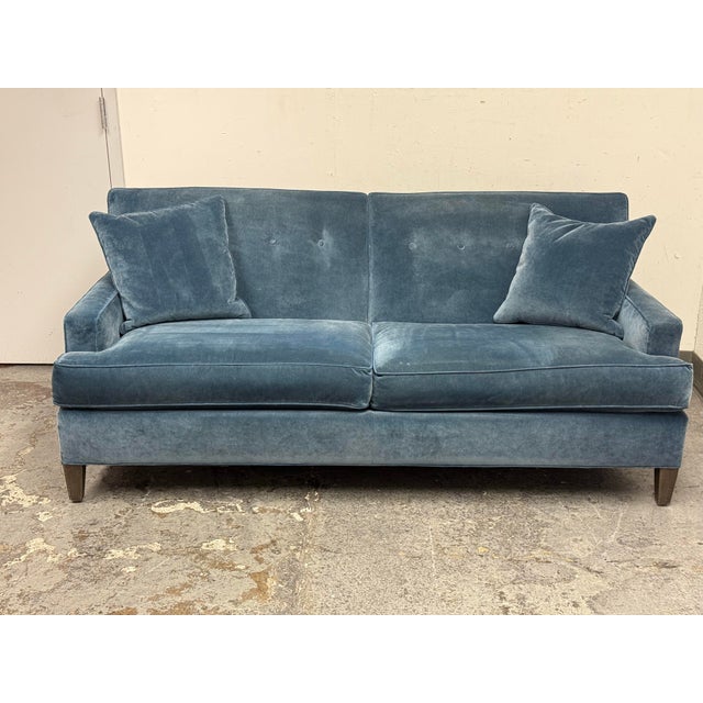 English Ethan Allen Peacock Blue Velvet Sofa For Sale - Image 3 of 12