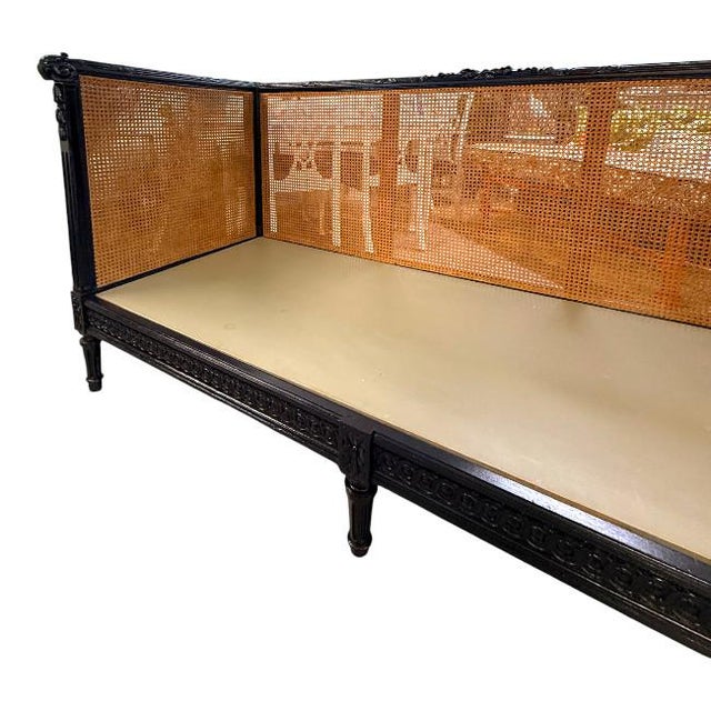 Vintage Black High-Gloss Lacquer Double-Caned Daybed With Custom Tiger Upholstery For Sale - Image 10 of 16
