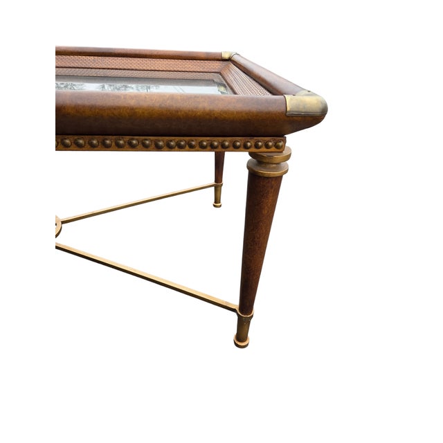 French Regency Campaign Coffee Table Leather Wrapped Wrought Iron X Base Vintage For Sale - Image 4 of 12