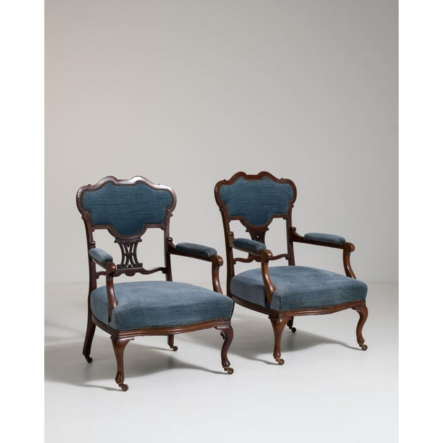 Wood Pair of Louis XV Upholstered Armchairs, Rococo Style, United Kingdom, 19th Century For Sale - Image 7 of 12