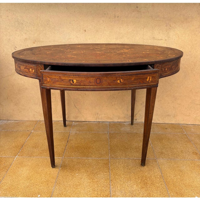 Oval Marquetry Side Table with Drawer, Early 20th Century For Sale - Image 4 of 10