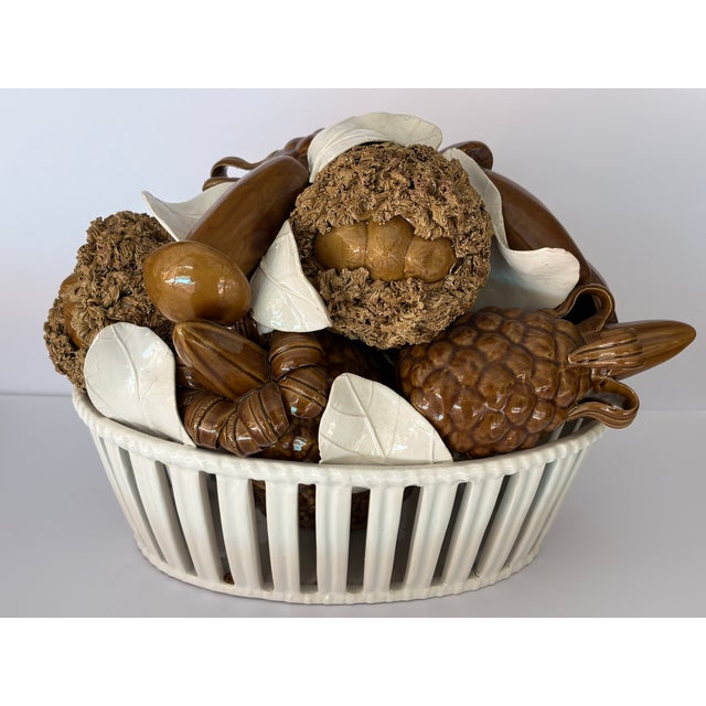 Tan Vintage Italian Ceramic Basket of Mushrooms From Neiman Marcus For Sale - Image 8 of 14