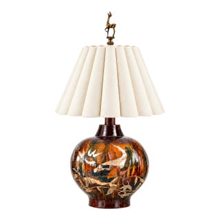 Mid 20th Century Mid-Century Modern Glazed Ceramic Antelope Urn Lamp With Pleated Shade For Sale