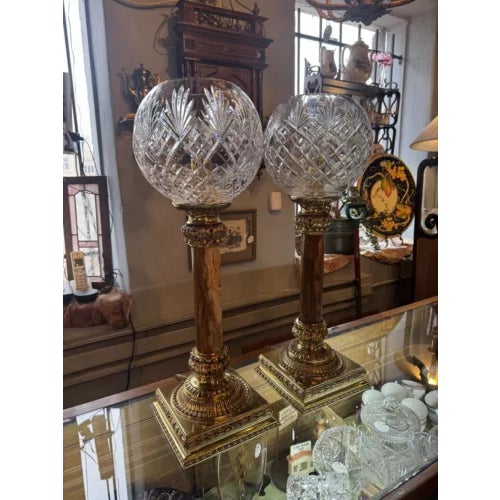 Victorian Pair of Mid 20th Century Brass and Marble With Cut Crystal Open Globe Torchiere Buffet Lamps For Sale - Image 3 of 12