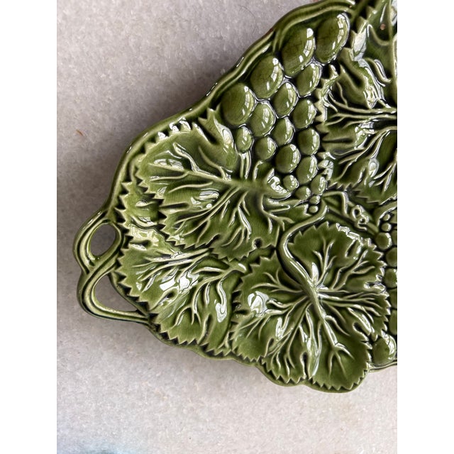 Art Nouveau Antique Majolica Green Ceramic Tray Shaped Like Grape Leaves and Fruits, Made in Portugal. For Sale - Image 3 of 5