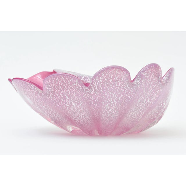 Metal Vintage Murano Pink and Silver Foil Clam Shell Coiled Large Glass Bowl, Signed For Sale - Image 7 of 11