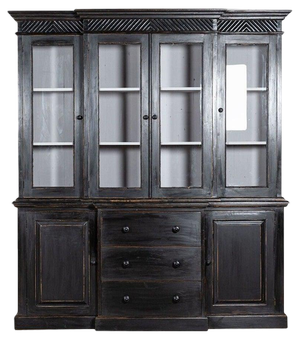 Large English Ebonised and Glazed Pine Breakfront Bookcase