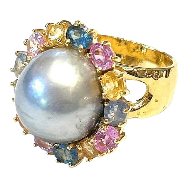 Bochic “Orient” Tahiti South Sea & Multi Sapphire Cluster Ring Set 18k & Silver Size 5 For Sale