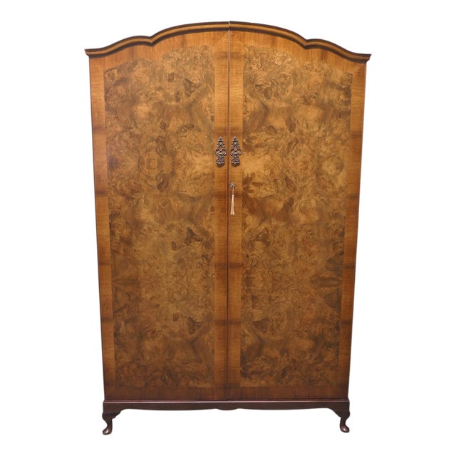 Vintage Art Deco Bur Walnut Compact Shelved Wardrobe, 1930 For Sale