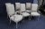 Set of 6 white washed and carved dining chairs with plaid back arm chair 24w x 26d x 41h