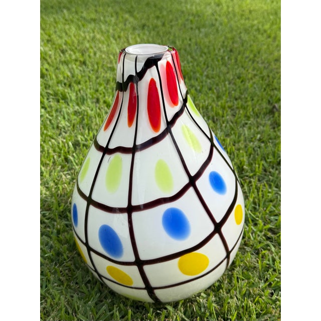 Vintage 11” Graphic Grid Pattern Art Glass Vase For Sale - Image 4 of 11