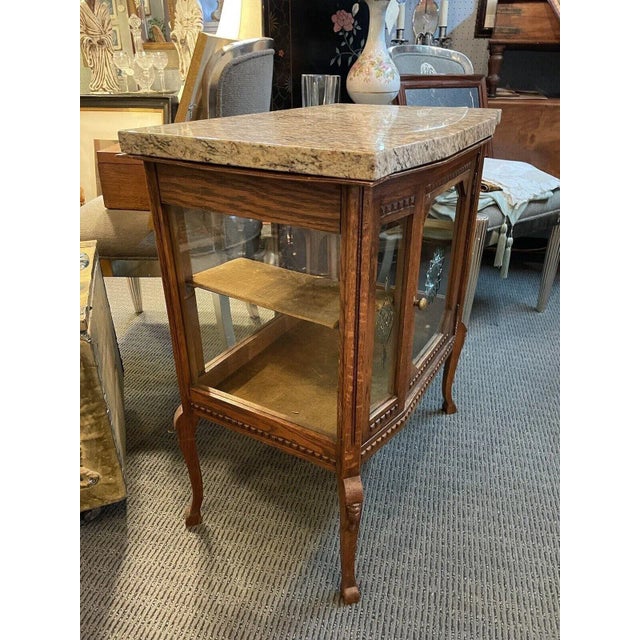Antique Oak Glass and Stone French Style Vitrine Cabinet with Velvet Interior. The door latch is a "soft latch" hoop that...