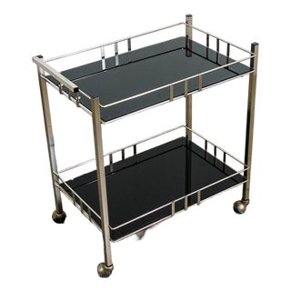 1970s Mid Century Danish Modern Serving Cart Trolley Rolling Bar Glass Chrome Serving For Sale