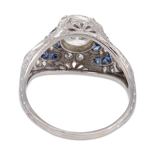 1930s Art Deco Gia 1.20 Carat Old Mine Cut Diamond Sapphire Platinum Engagement Ring, Size 8.5 For Sale In Los Angeles - Image 6 of 8