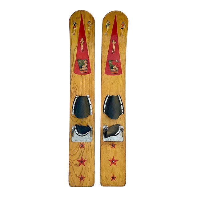 Circa 1940s Wood Delta Champ Waterskis Bathing Beauty Graphics, Pair For Sale