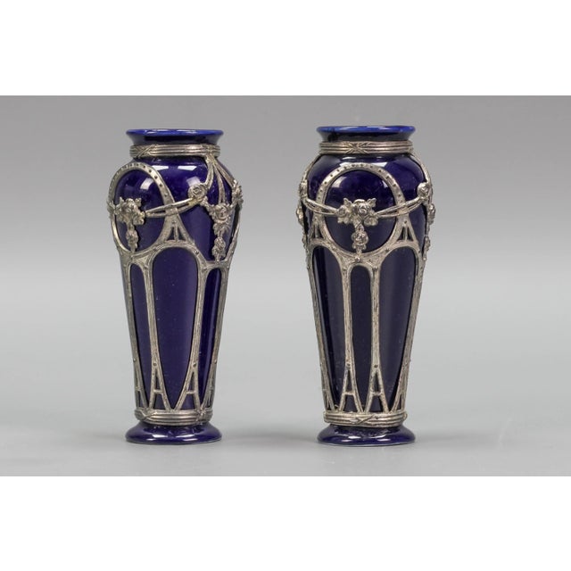 Blue Small Art Nouveau Glazed Ceramic Vases, Set of 2 For Sale - Image 8 of 18