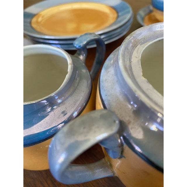 Peach 1930s Blue and Peach Japanese Lusterware Tea Set- 15 Pieces For Sale - Image 8 of 9