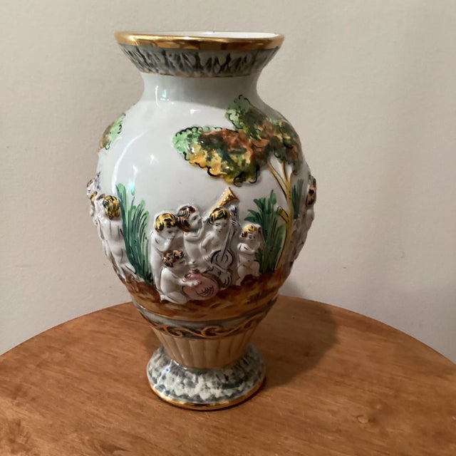 Vintage Pereiras Valado Porcelain Ornate Vase With Cherubs Raised Relief Hand Painted For Sale - Image 11 of 12