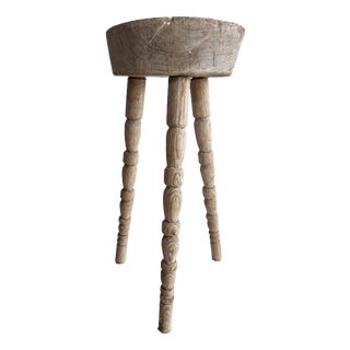 Rustic Bleached Wood Tripod Stool with Turned Legs For Sale