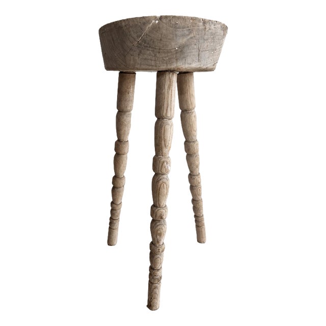 Rustic Bleached Wood Tripod Stool with Turned Legs For Sale