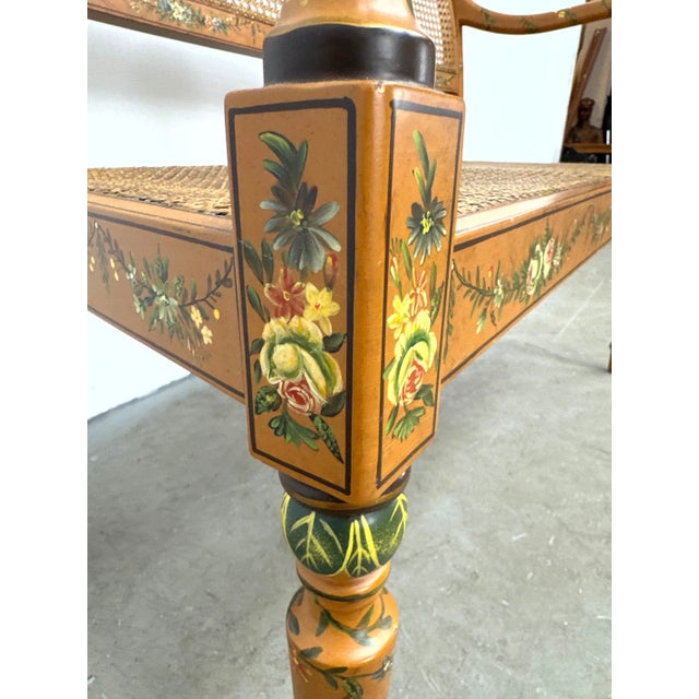 Late 20th Century Elegant Sheraton Style Painted Floral Cane Settee With Neoclassical Detailing For Sale - Image 12 of 14