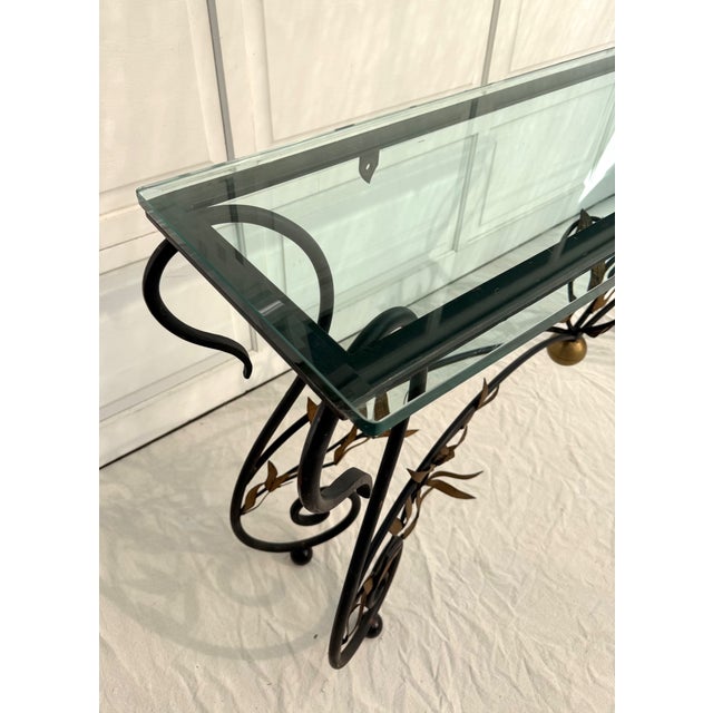 1960s Italian Style Wrought Iron & Gilt Leaf Glass Console Table For Sale - Image 12 of 15