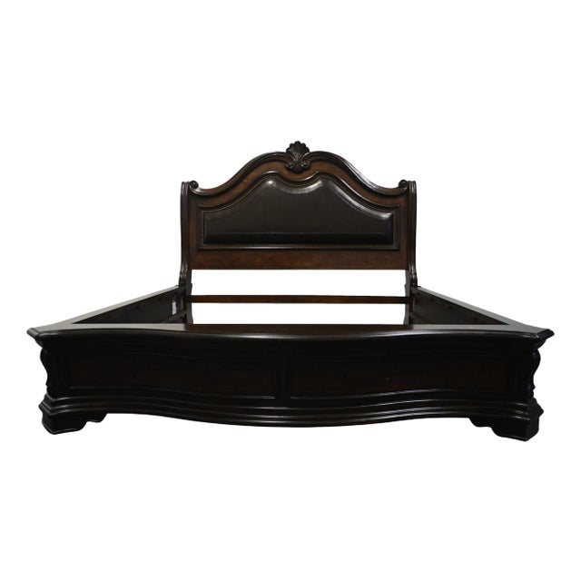 Villa Sonoma Dark Walnut Traditional Contemporary King Size Bed W. Black Faux Leather Upholstered Headboard 115-5151 For Sale