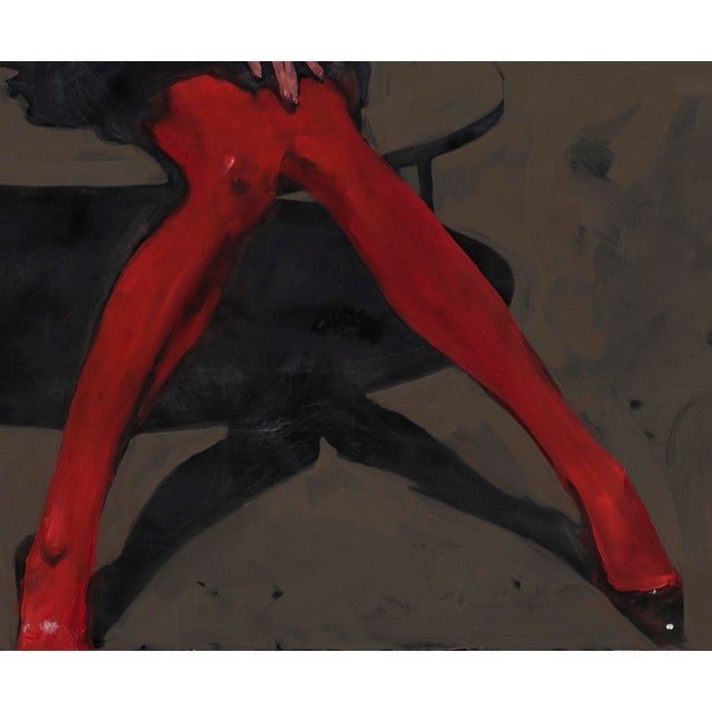 Figurative Red Tights by Michael Carson | Oil on Panel Woman in red tights seated at a table. For Sale - Image 3 of 5