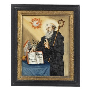 São Bento, Religious Scene with Saint Benedict, 18th Century, Painting on Glass For Sale