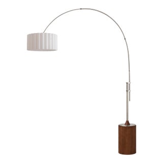 1980s Nova of California Tambo Floor Lamp - 92" Mid Century Arc Lamp, Dark Walnut Wood Base, Satin Nickel Finish, White Drum Shade For Sale
