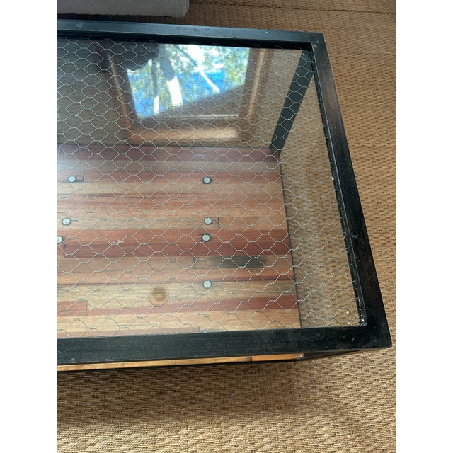 Industrial Custom Made Metal and Chicken Wire Glass Coffee Table on Casters For Sale - Image 4 of 10