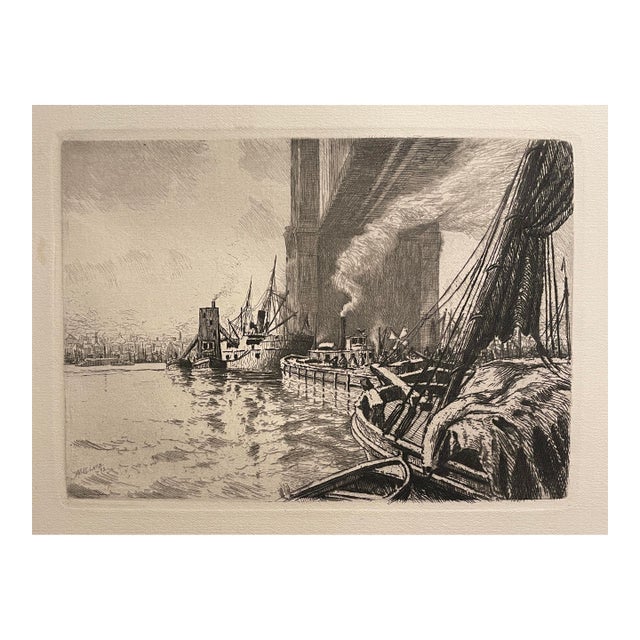 1892 Charles Mielatz Under the Bridge East River New York Etching For Sale