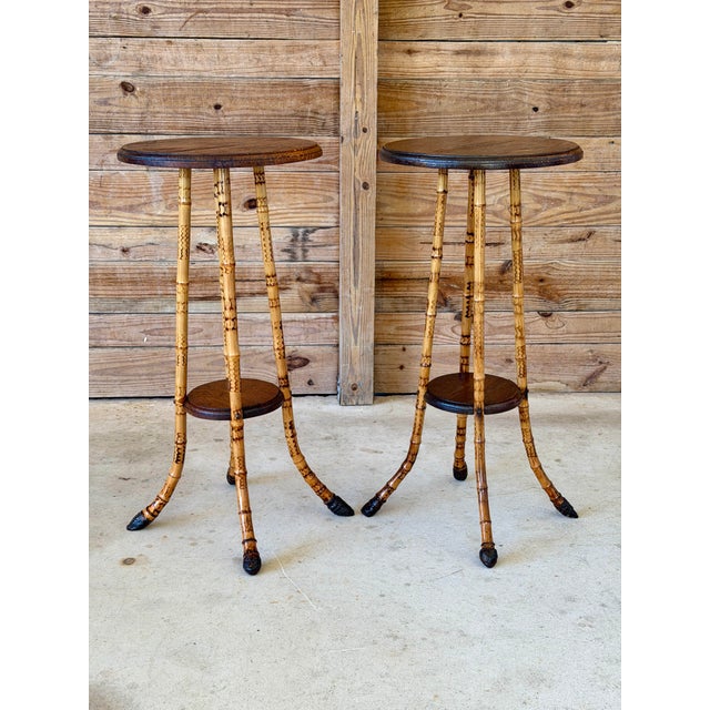 Victorian Pair of Victorian Scorched Bamboo Plant Stands With Bamboo Root Feet For Sale - Image 3 of 12