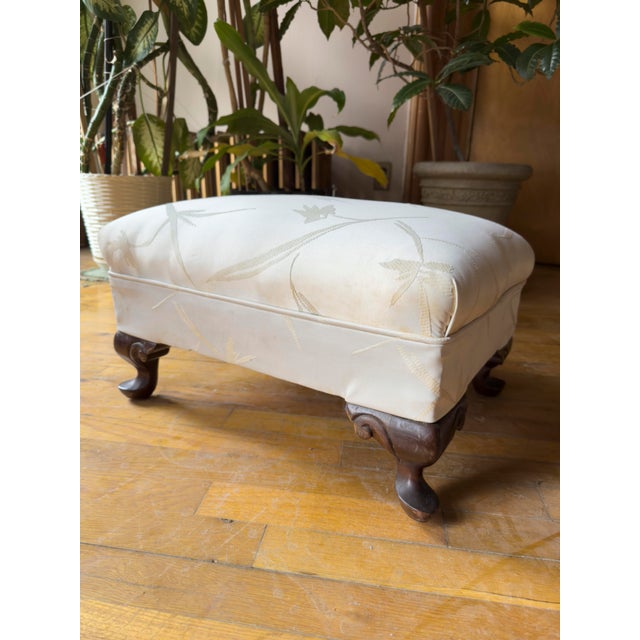 Wood Mid-Century Period Chippendale Style Upholstered Footstool in White For Sale - Image 7 of 9