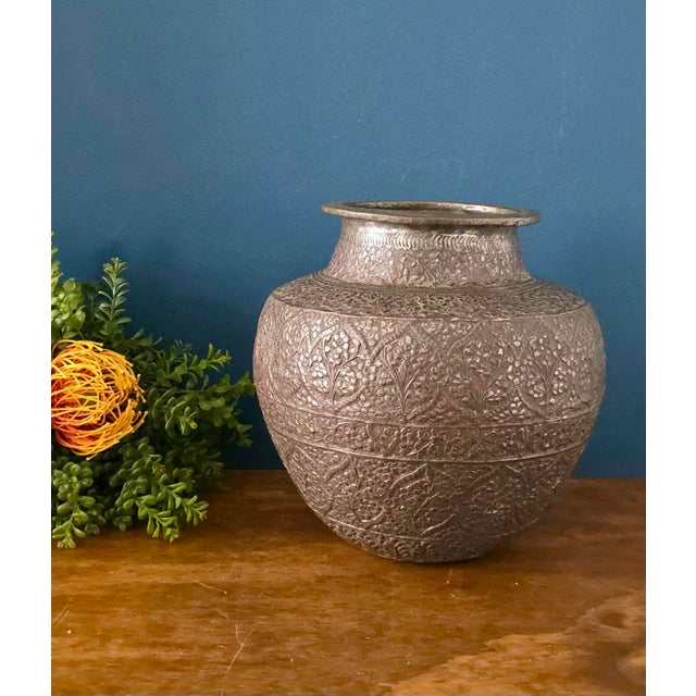 Antique Repoussé Silver-Plated Copper Vase, Likely Indian, Early 20th Century For Sale - Image 15 of 17