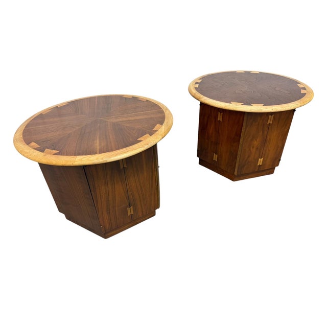 Elevate your space with this stunning pair of Mid-Century Modern Lane Acclaim round side tables, beautifully refinished to...