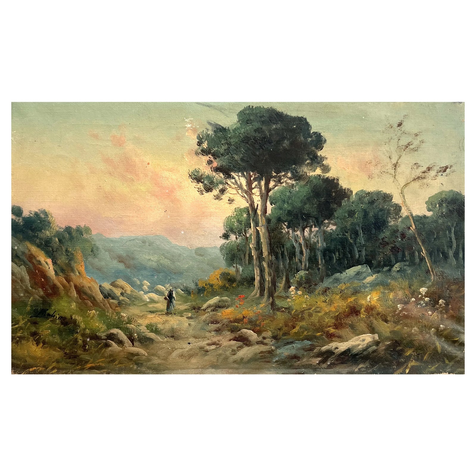 P. Roubin, Promenade sur un sentier de campagne au crépuscule, Oil on ...