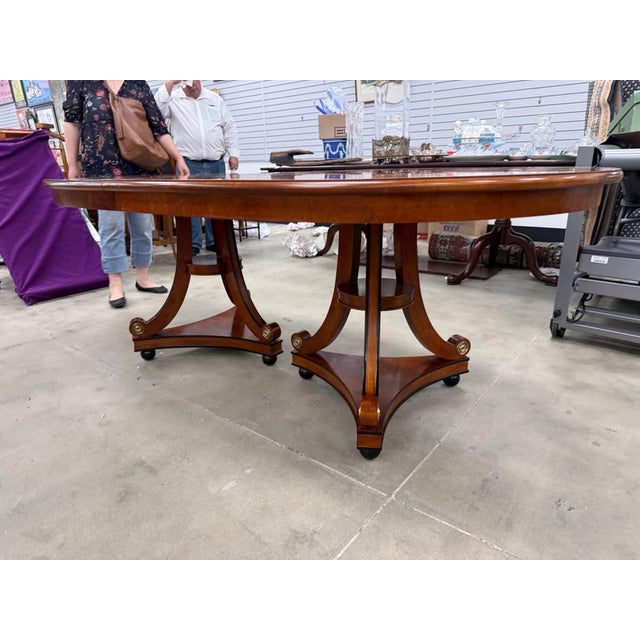 Vintage Neoclassical Regency Style Cherry and Burl Wood Pedestal Oval Dining Table With 2 Leaves For Sale - Image 16 of 16