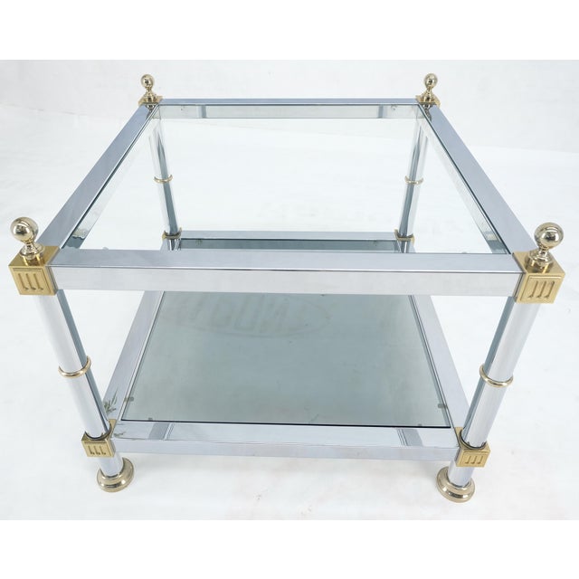 Mid-Century Modern Pair of Square Chrome & Brass Smoked Glass Two Tier End Side Tables MINT! For Sale - Image 3 of 11