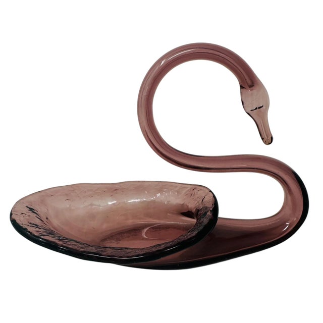 Vintage Amethyst Glass Swan Bowl | Mid Century Modern Hand Blown Art Glass Figurine | Purple Glass Candy Dish Trinket Bowl | Elegant Home Decor For Sale - Image 4 of 9