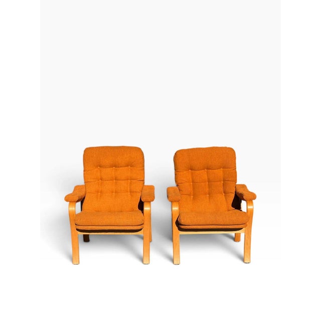 Mid-Century Modern Pair of Mid-Century Modern Bentwood Lounge Chairs | Scandinavian Style | New Burnt Orange Tufted Upholstery | C. 1970s For Sale - Image 3 of 10
