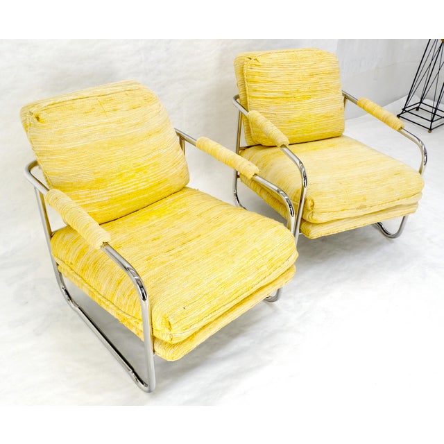 Pair Bent Tube Frame Mid Century Modern Lounge Chairs Baughman Cassina Style For Sale - Image 13 of 14