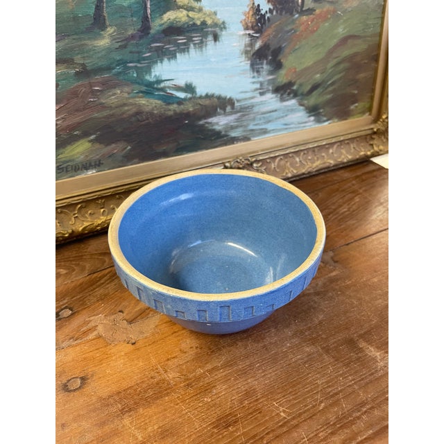 Vintage Blue Stoneware Mixing Bowl With Geometric Band - Marked "Ni-L" For Sale In Seattle - Image 6 of 9